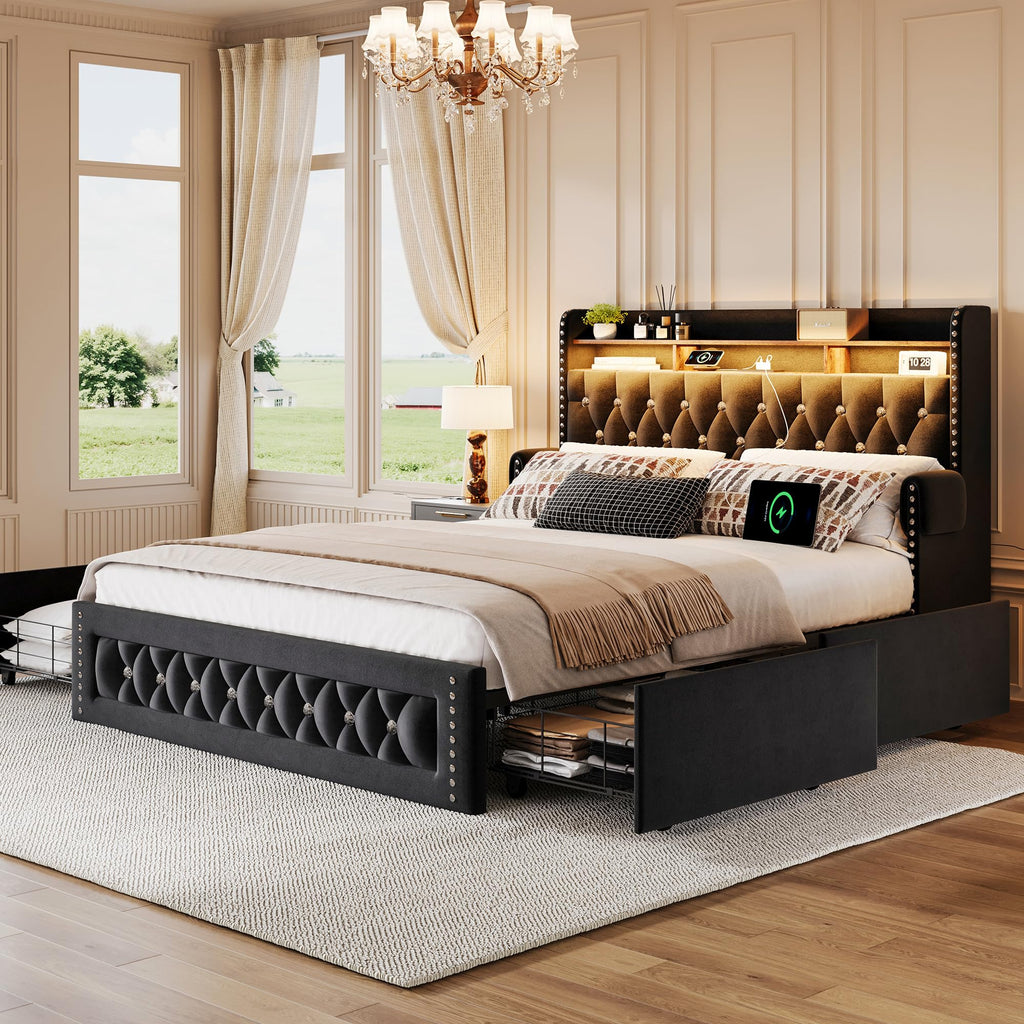 Queen Size Velvet Upholstered Platform Bed with 4 Storage Drawers M539542