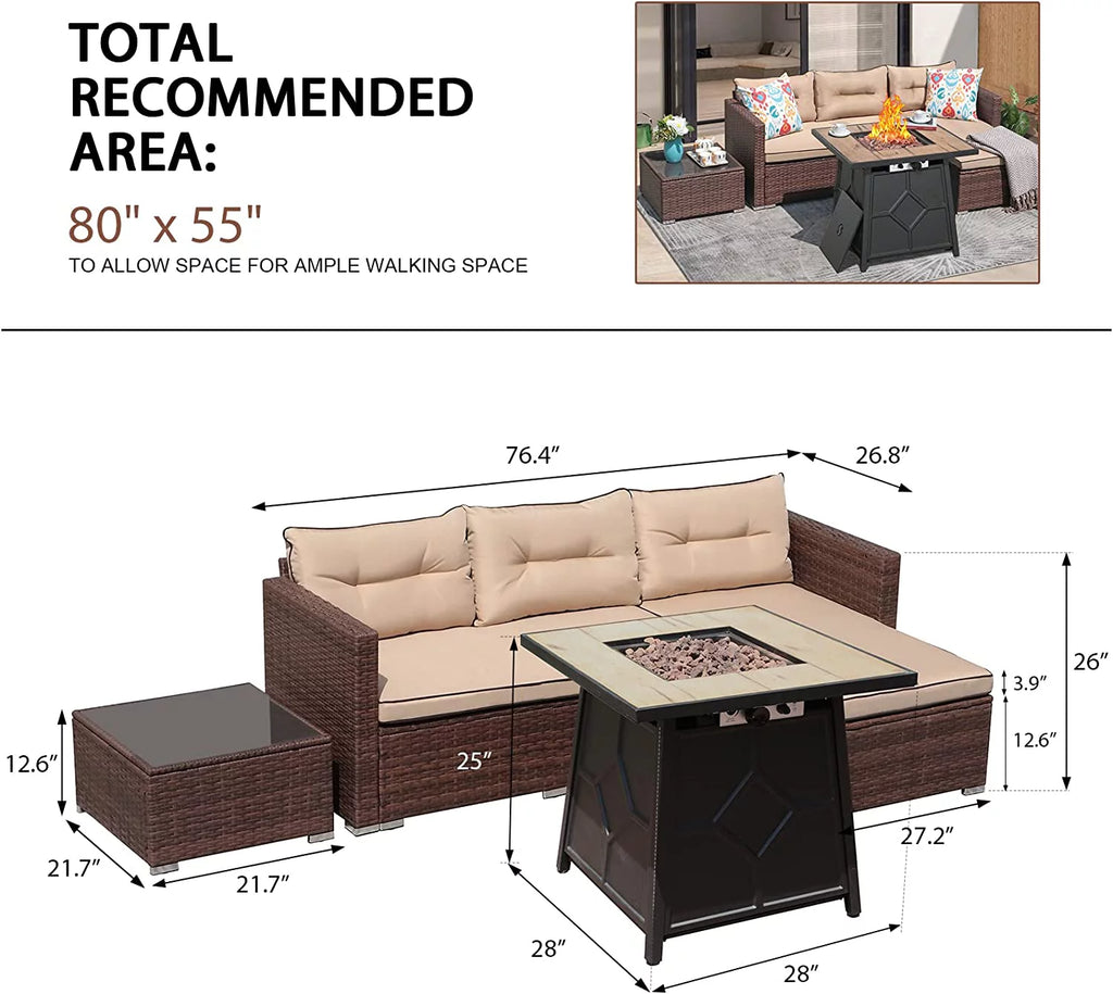 Beige 4 Piece Outdoor Wicker Sectional Sofa with Fire Pit Table J32701