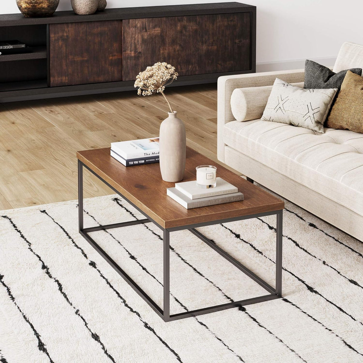 Walnut Acacia Veneer and Metal Rectangle Coffee Table Y4394