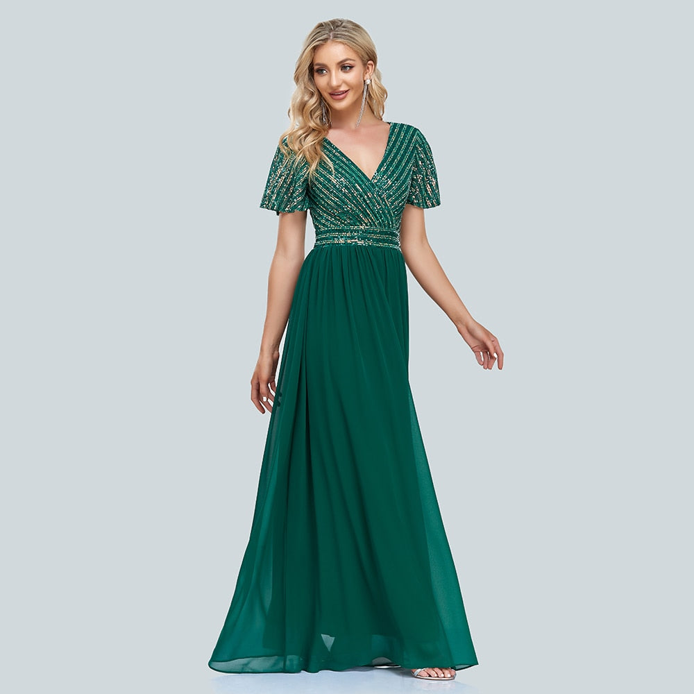 Green V-Neck Sequins Chiffon Formal Gown B296124