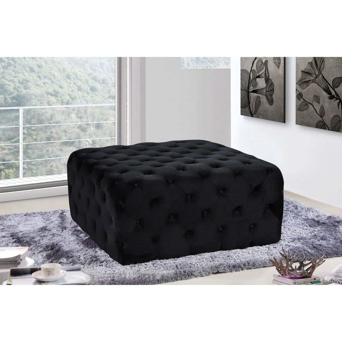 Black Velvet Tufted Ottoman and Bench A471577