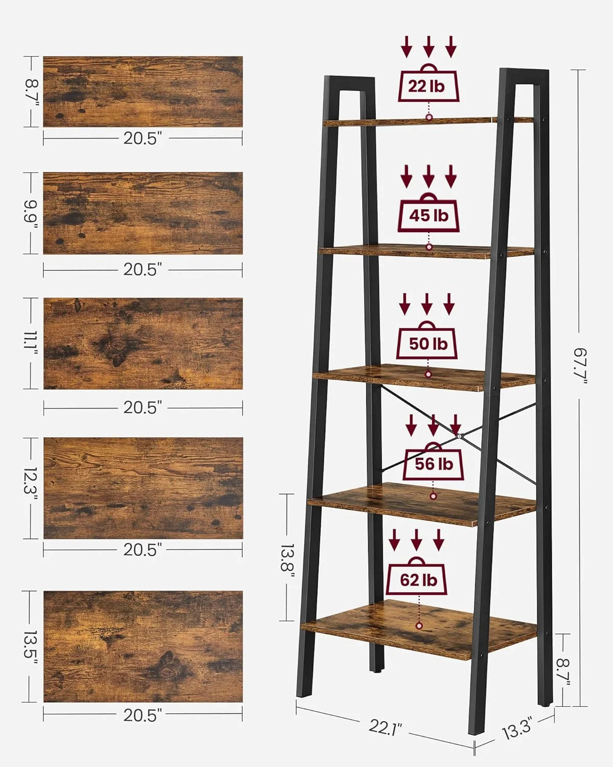 5-Tier Bookshelf and Storage Rack with Metal Frame H6275