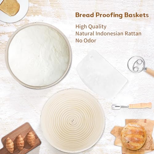 9" & 10" Round Sourdough Proofing Basket with Linen Liner, Silicone Bread Sling, Bread Lame, Danish Dough Whisk, Dough Scraper Kit, Silicone Brush & Bowl Scraper Y758227