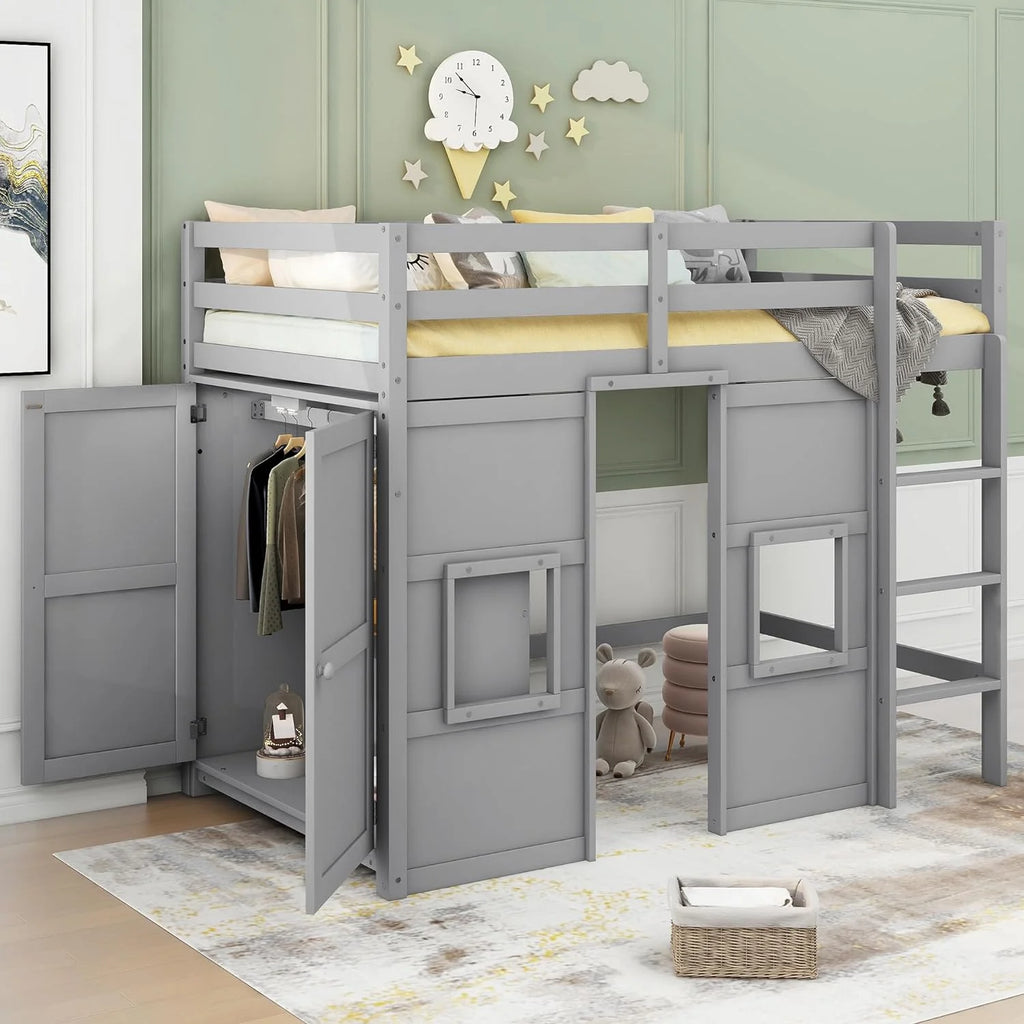 Gray Wood Loft Bed Frame with Wardrobe and Storage W8986