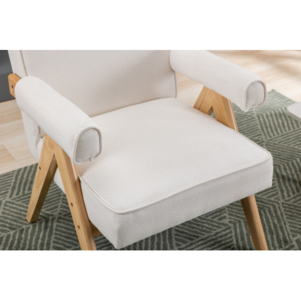 Beige Linen Mid-Century Modern Accent Chair with Solid Wood Armrest and Feet N761201