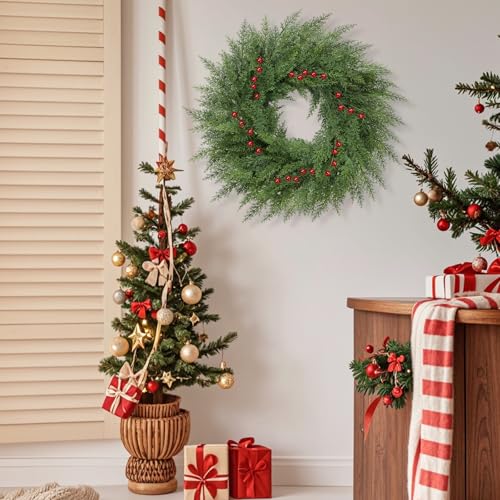 24 inch Real Touch Faux Cedar Wreath with Red Berries D70519