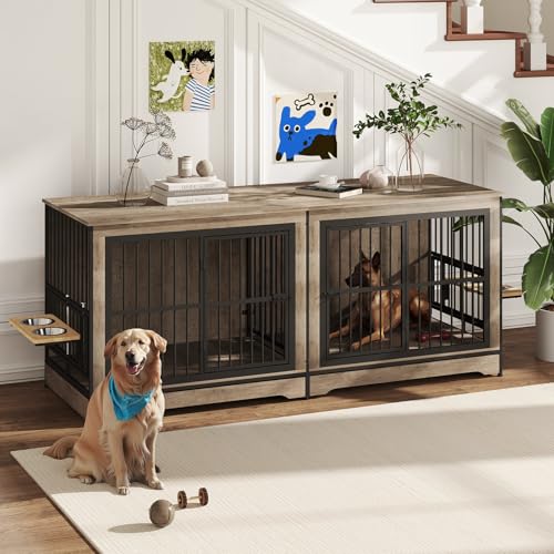 Rustic Brown Double Dog Crate Furniture with Divider B460632