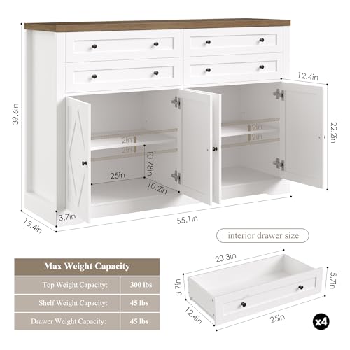 55" Coffee Bar with 4 Large Drawers, Tall Buffet Cabinet with Storage, Adjustable Shelves, Ash Grey P323