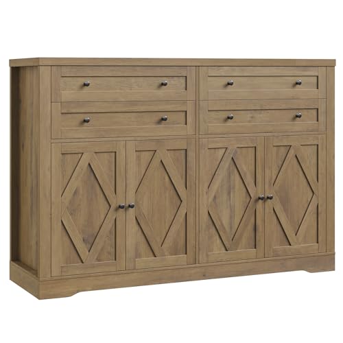 55" Coffee Bar with 4 Large Drawers, Tall Buffet Cabinet with Storage, Adjustable Shelves, Ash Grey P323