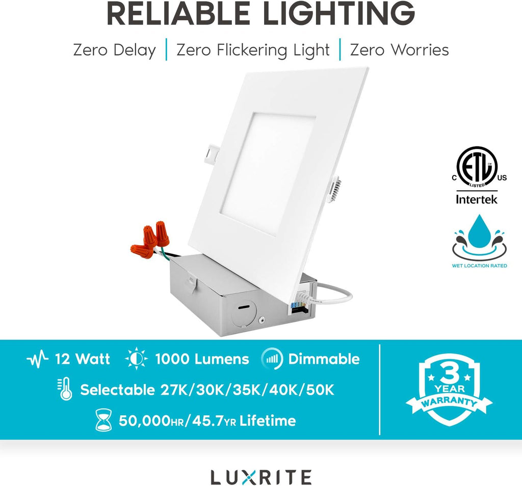 6 Inch Square LED Recessed Lighting, 5 Color Temperature, Dimmable, 4 Pack T6070