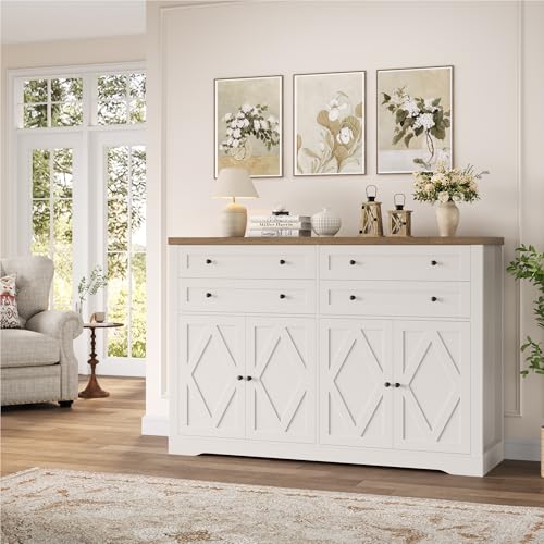 55" Coffee Bar with 4 Large Drawers, Tall Buffet Cabinet with Storage, Adjustable Shelves, Ash Grey P323