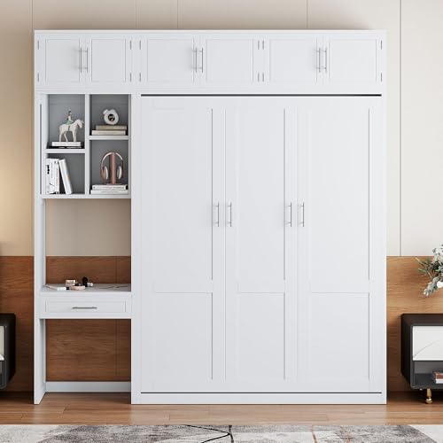 White Full Size Wall Murphy Bed with Built-in Desk & Shelves X812638