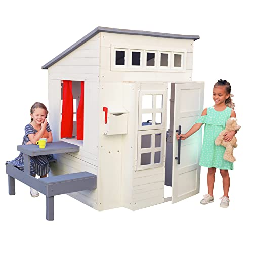 Modern Outdoor Wooden Playhouse with Picnic Table, Mailbox and Outdoor Grill N949