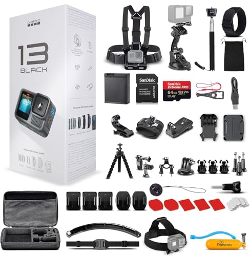 Black Waterproof Action Camera with 5.3K HDR Video, 27MP Photos, Stabilization + 64GB Card & 50 Piece Accessory Kit B45881