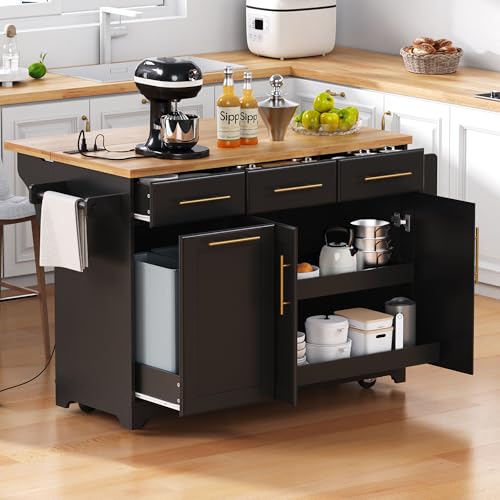 Black Kitchen Island with Storage and Drop Leaf V144