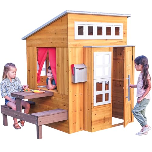 Modern Outdoor Wooden Playhouse with Picnic Table, Mailbox and Outdoor Grill N949