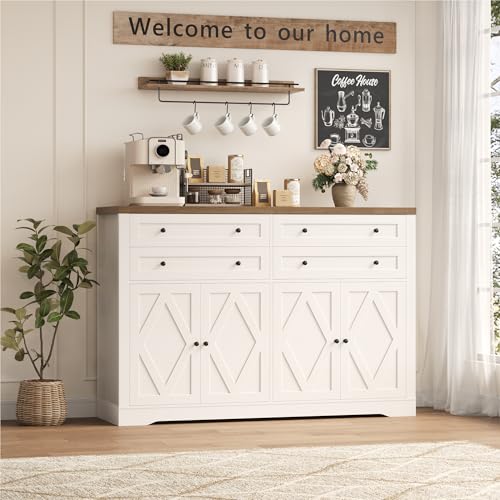 55" Coffee Bar with 4 Large Drawers, Tall Buffet Cabinet with Storage, Adjustable Shelves, Ash Grey P323