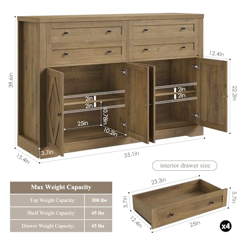 55" Coffee Bar with 4 Large Drawers, Tall Buffet Cabinet with Storage, Adjustable Shelves, Ash Grey P323
