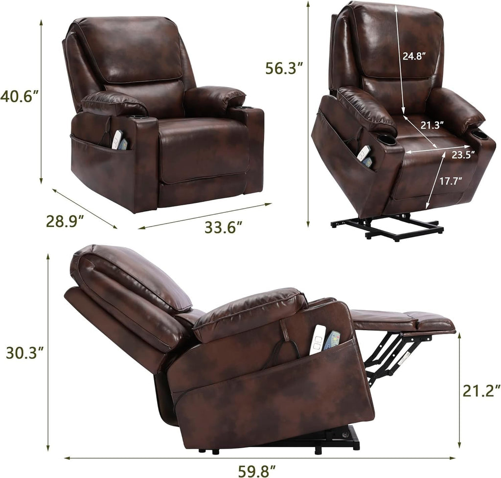 Brown Leather Power Lift Recliner Chair with Massage and Heated A954