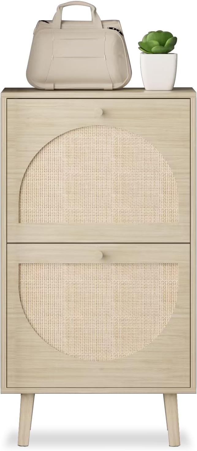 2 Drawers Slim Shoe Cabinet Rattan Shoe Storage Cupboard Organizer Unit with Doors B116