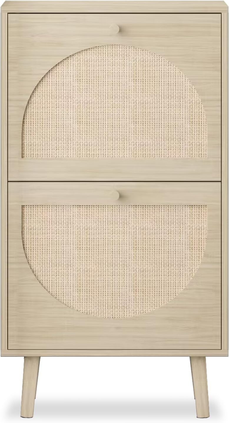 2 Drawers Slim Shoe Cabinet Rattan Shoe Storage Cupboard Organizer Unit with Doors B116