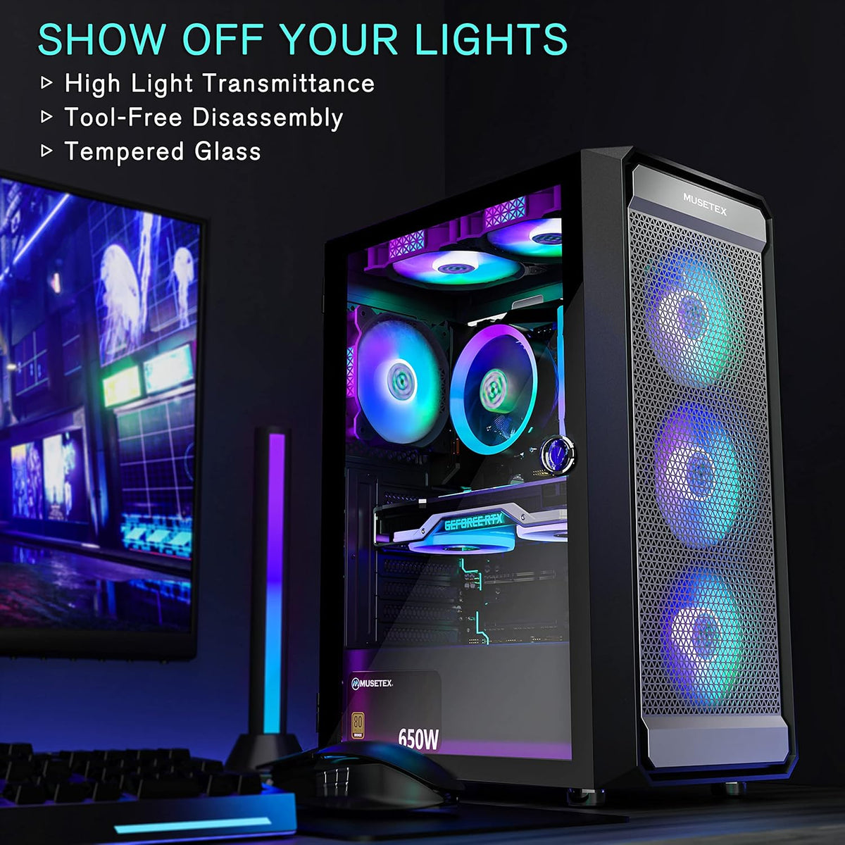 ATX PC Case with 6pcs ARGB Fans, Type-C Port, Mesh Front Panel, Tempered Glass Side Door M77591