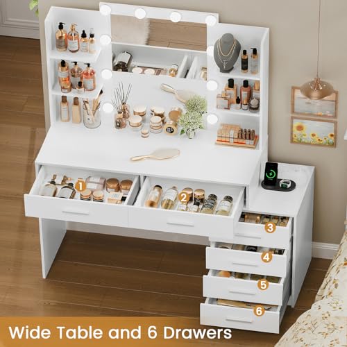 Large White Vanity Desk with Lighted Mirror and Power Outlet Z7711