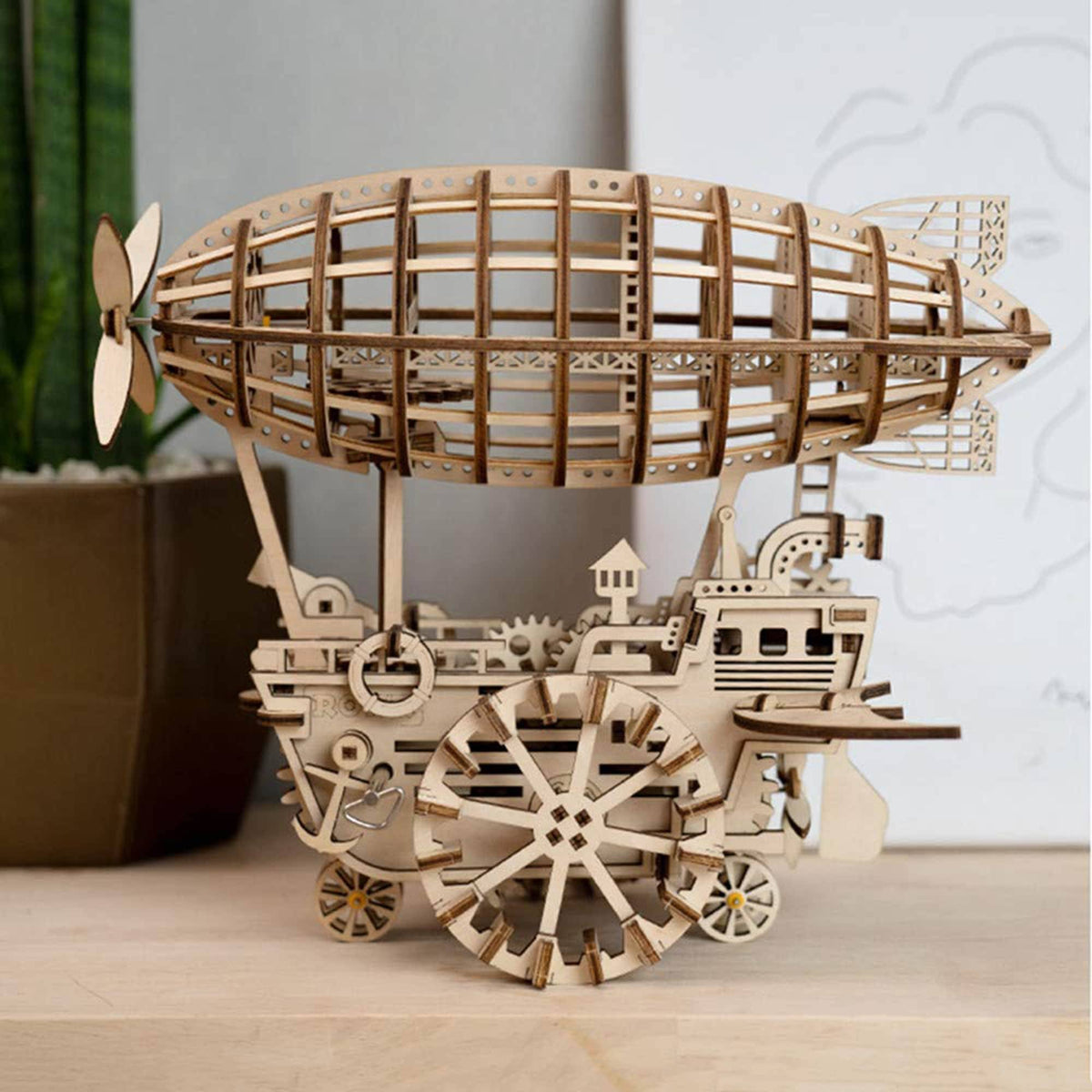 Red 3D Wooden Mechanical Moving Gears Model Kit Air Ship B50981