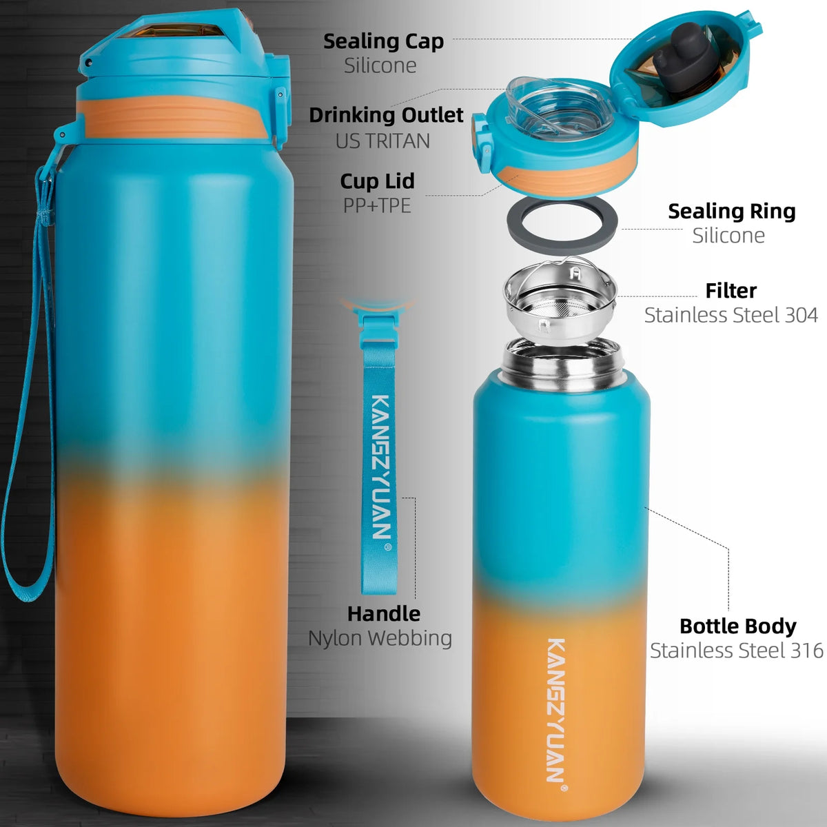 16 oz Insulated Stainless Steel Water Bottle with Filter S1099