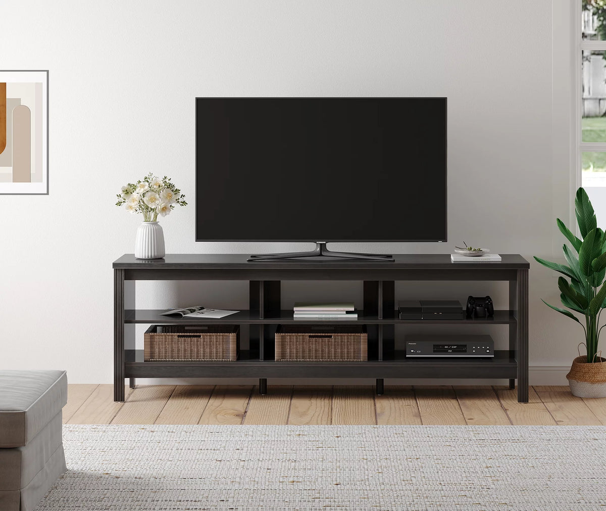 Black Wood TV Stand with 6 Open Shelves B15498