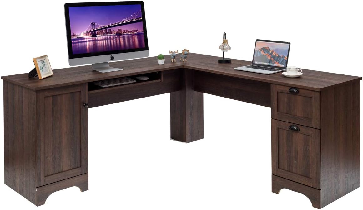L Shaped Corner Computer Desk with Storage Drawers & Cabinet J751