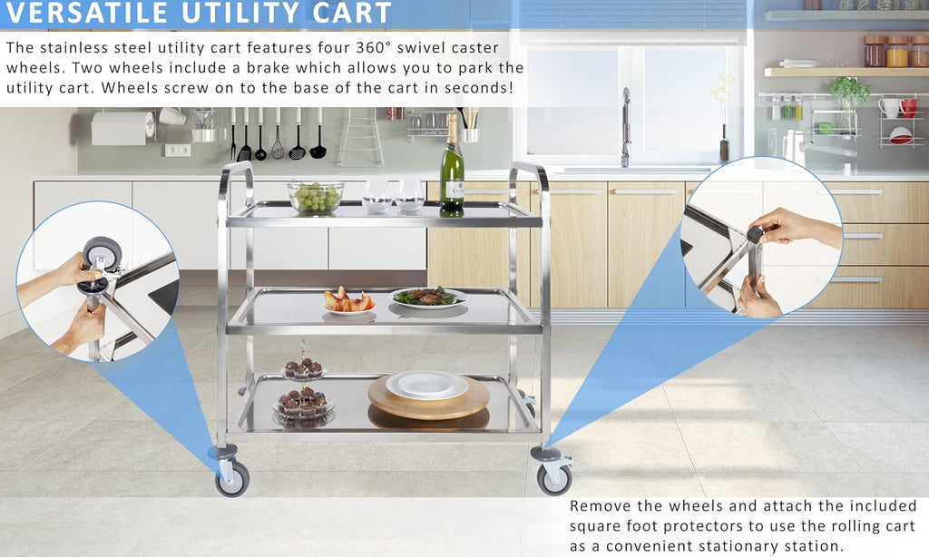 Stainless Steel 3 Tier Rolling Utility Cart with Swivel Locking Wheels D89597