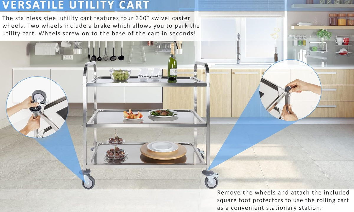 Stainless Steel 3 Tier Rolling Utility Cart with Swivel Locking Wheels D89597