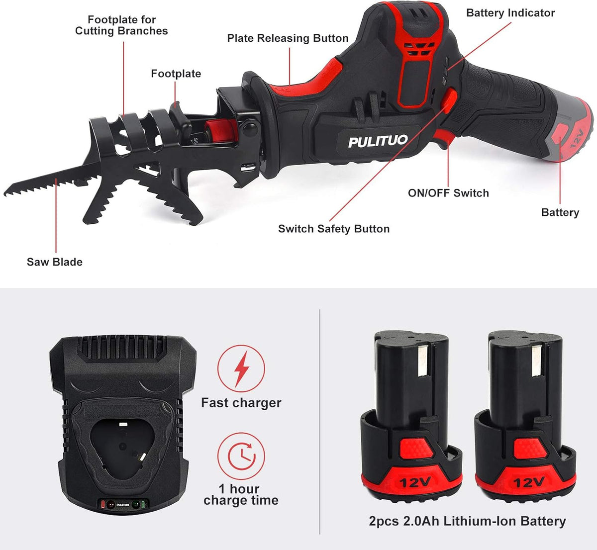 12V Cordless Reciprocating Saw with 2pcs 2.0Ah Li-Ion Battery and 4 Saw Blades A685231