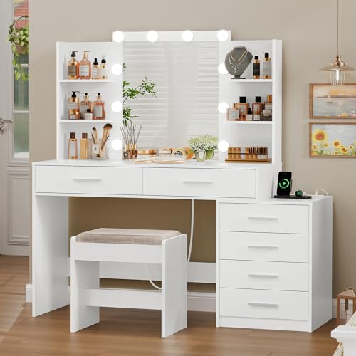 Large White Vanity Desk with Lighted Mirror and Power Outlet Z7711