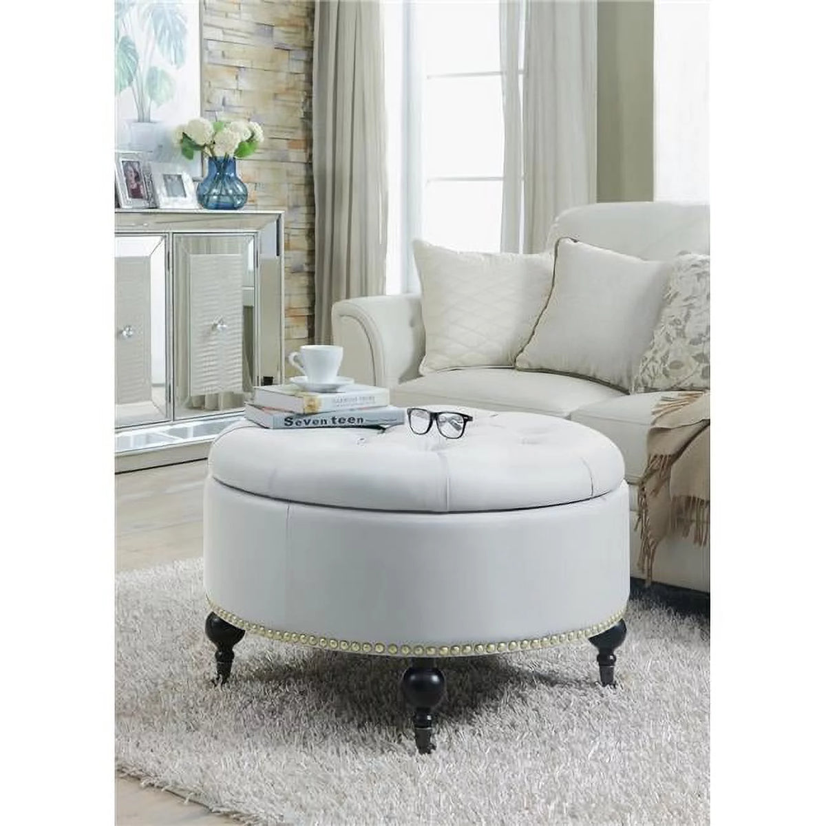 Cream White PU Leather Round Storage Ottoman K913