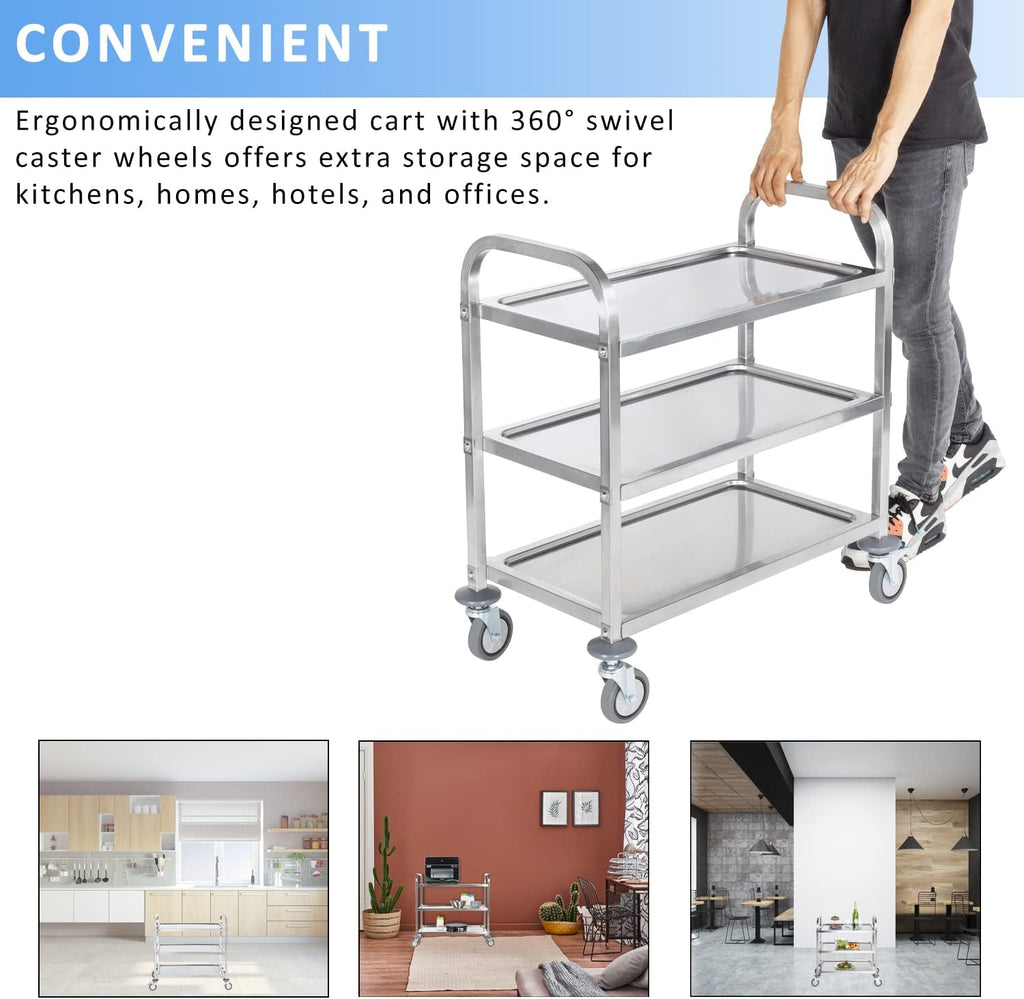 Stainless Steel 3 Tier Rolling Utility Cart with Swivel Locking Wheels D89597