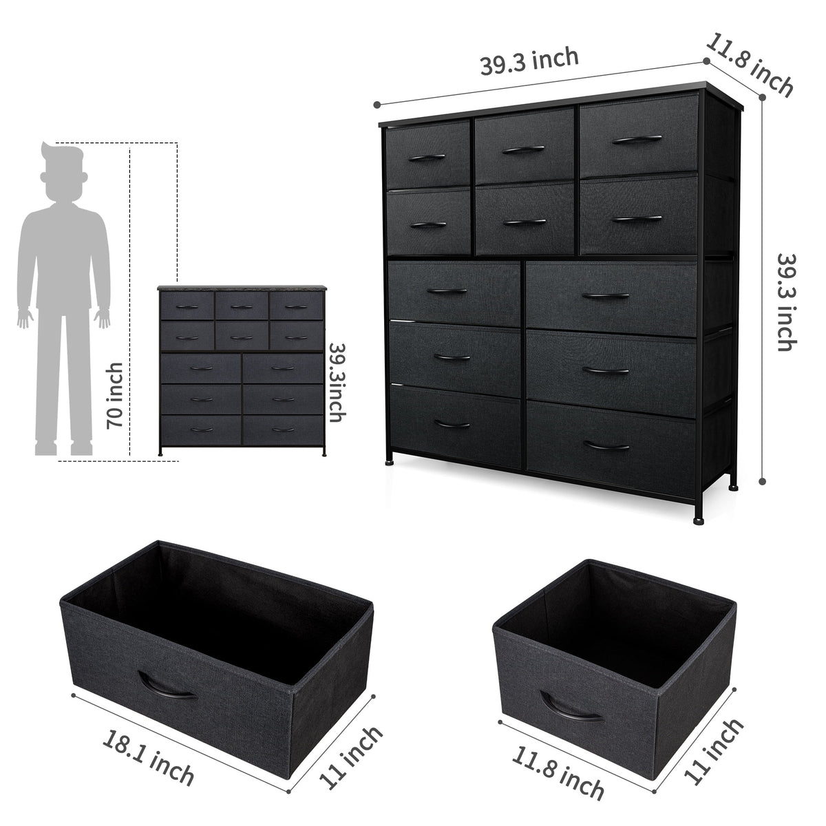 Black 12 Drawer Fabric Storage Dresser with Wood Top P586237