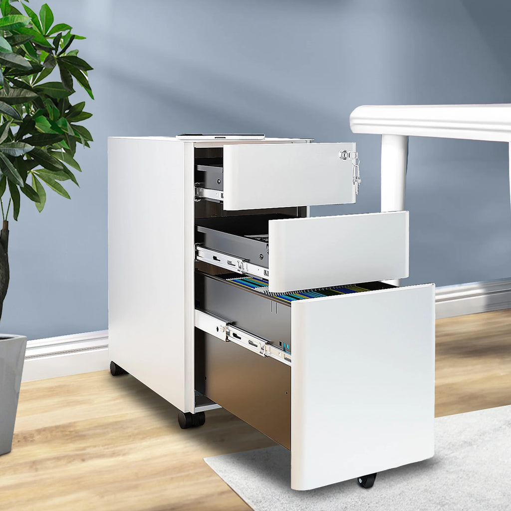3-Compartment Locking Steel File Cabinet, White V710
