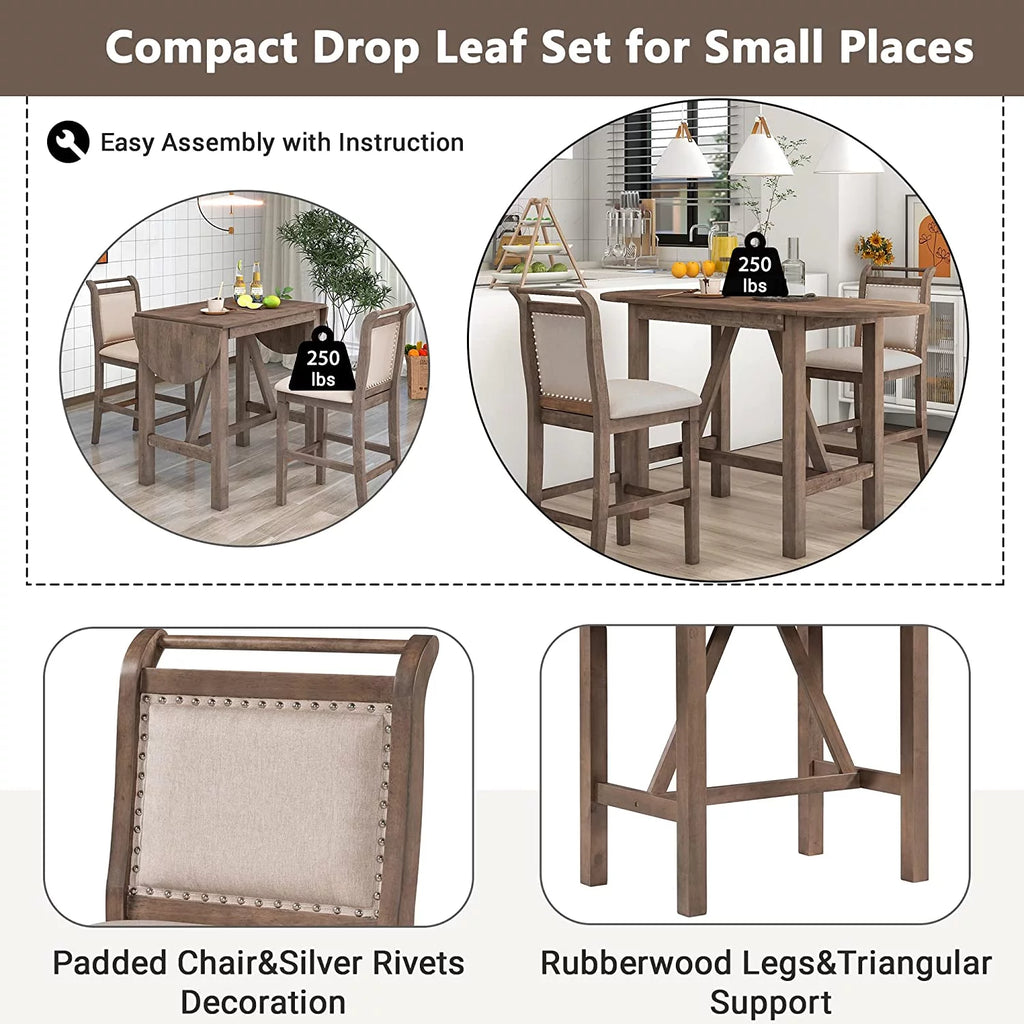 3-Piece Wood Counter Height Dining Table Set with 2 Upholstered Chairs and Drop Leaf A556