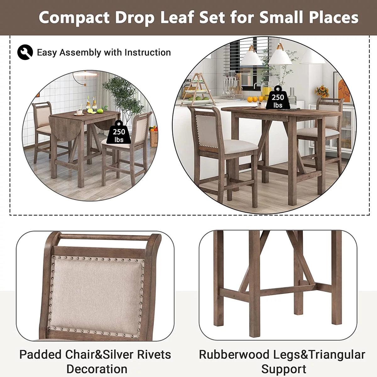 3-Piece Wood Counter Height Dining Table Set with 2 Upholstered Chairs and Drop Leaf A556