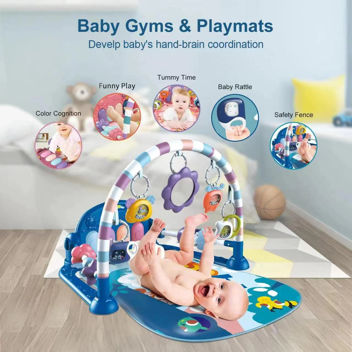 Baby Gym Play Mat 3 in 1 Fitness Rack with Music and Lights Blue V709