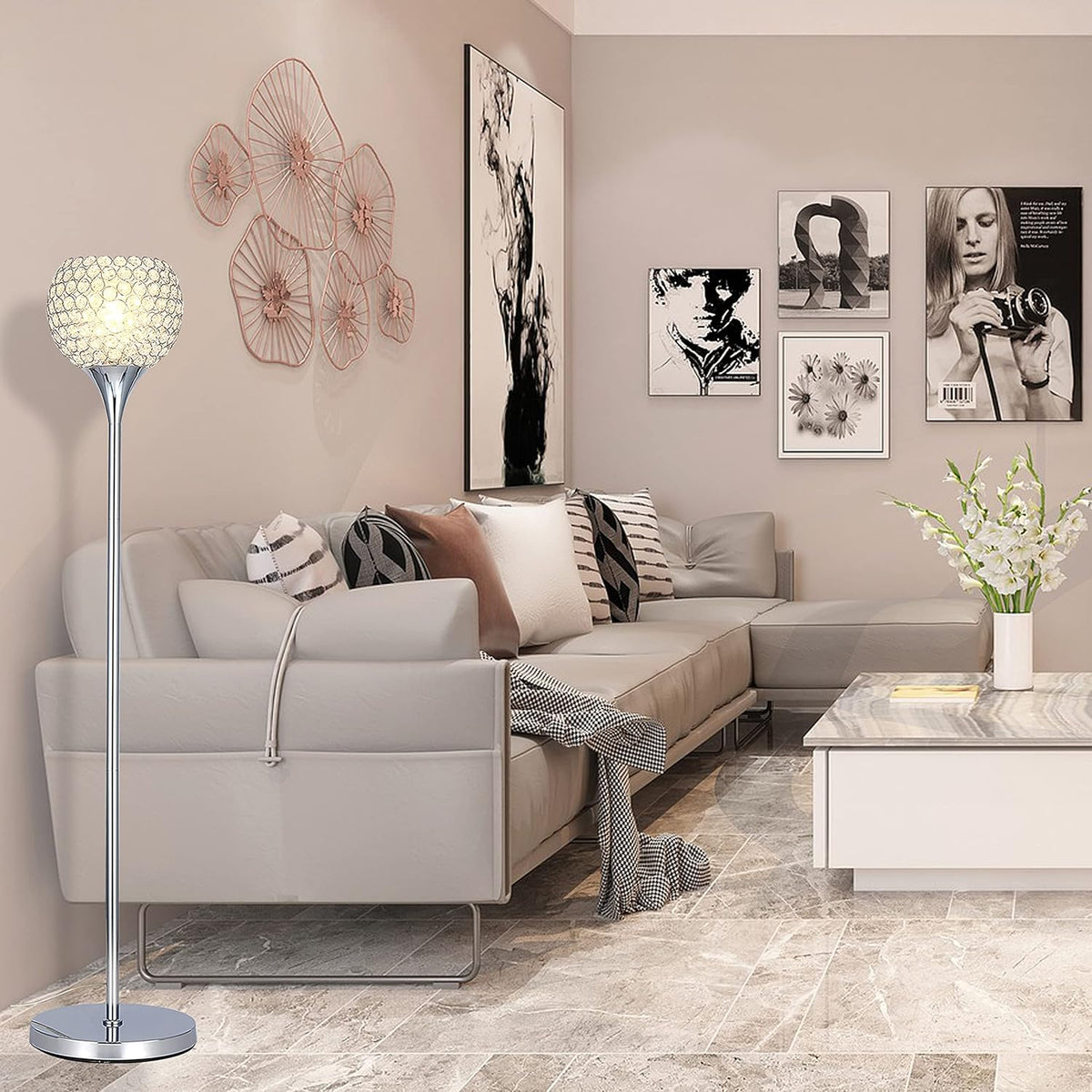 Spherical Crystal Floor Lamp, 1-Light Chrome Finish, E26 Base, LED Bulb Included W485