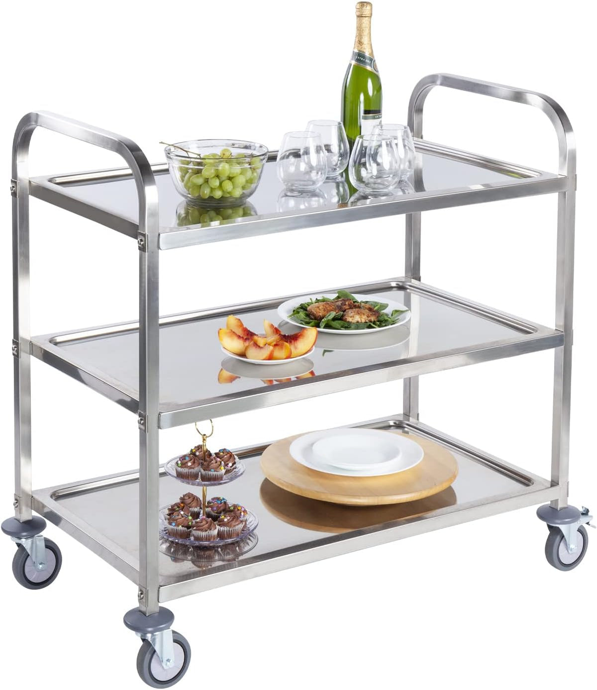 Stainless Steel 3 Tier Rolling Utility Cart with Swivel Locking Wheels D89597