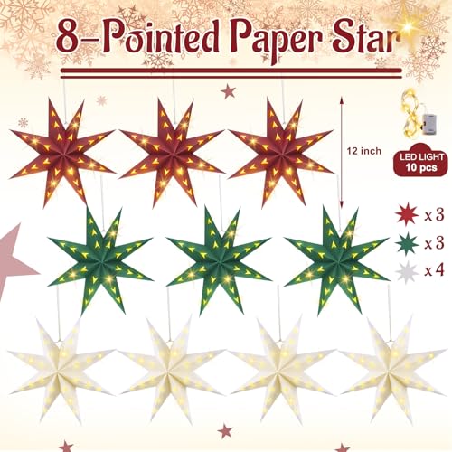 10 Set 8-Pointed 12 Inch Paper Star Lanterns with 10 LED Light Z235