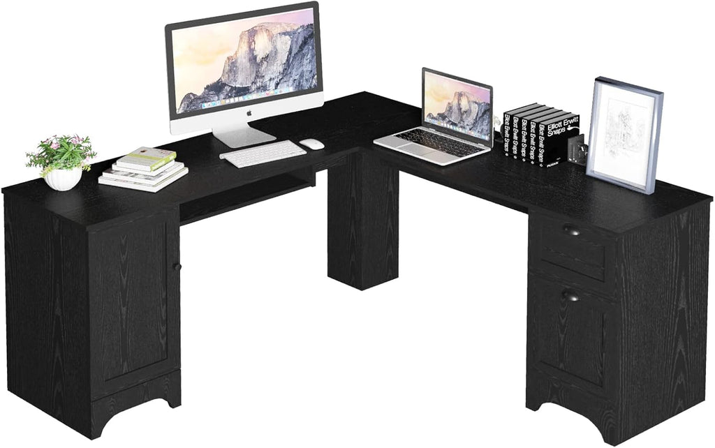 L Shaped Corner Computer Desk with Storage Drawers & Cabinet J751