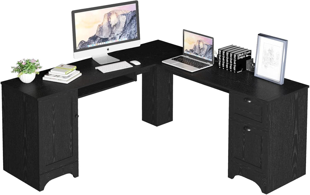 L Shaped Corner Computer Desk with Storage Drawers & Cabinet J751