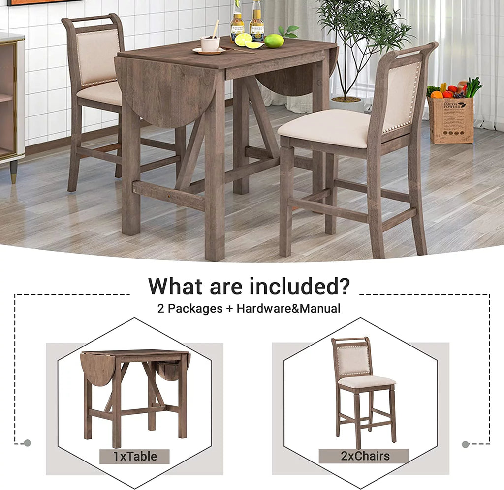 3-Piece Wood Counter Height Dining Table Set with 2 Upholstered Chairs and Drop Leaf A556