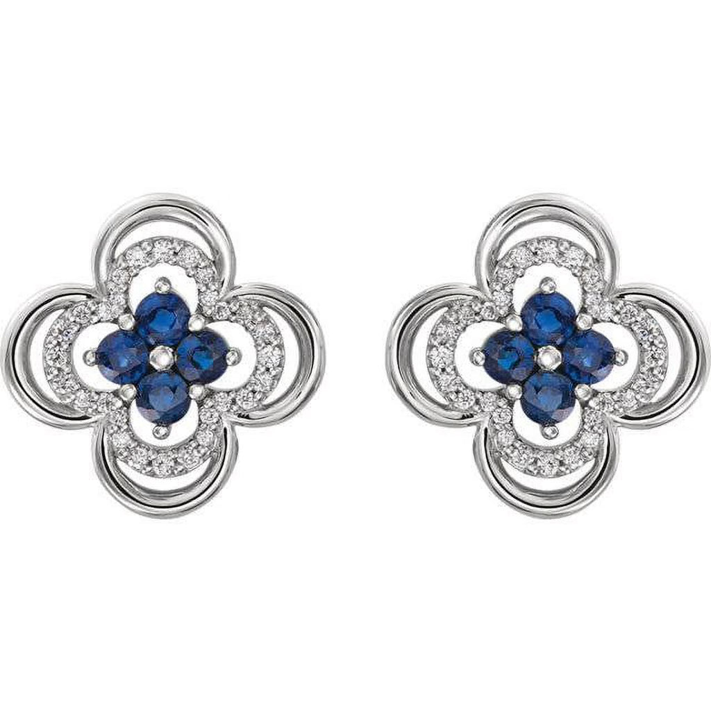 14K White Gold Diamond & Blue Sapphire Clover Studs Earrings W992443