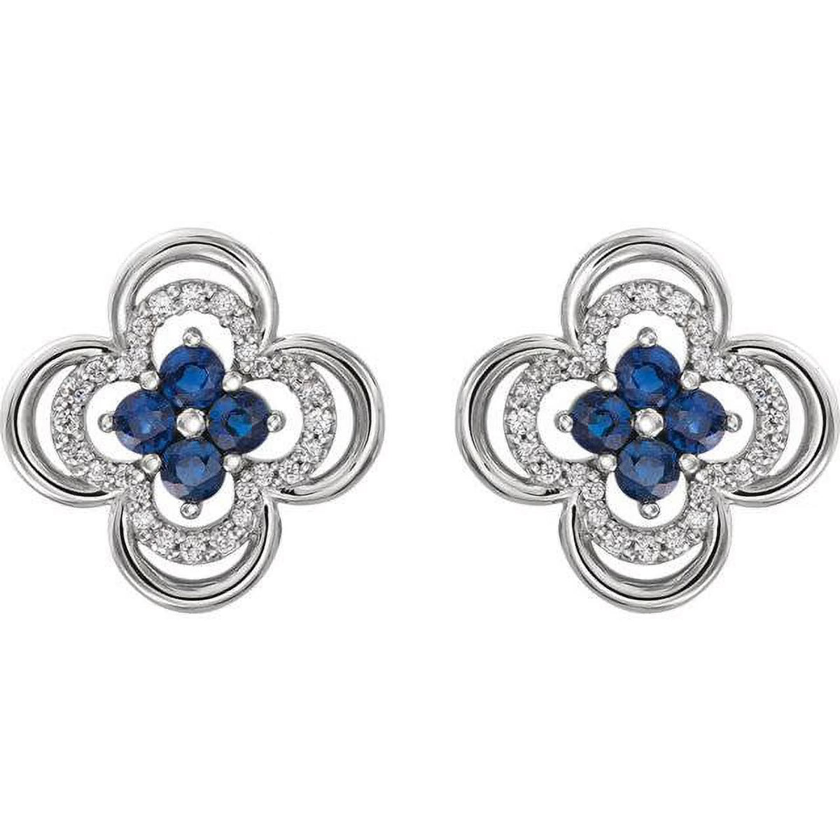 14K White Gold Diamond & Blue Sapphire Clover Studs Earrings W992443
